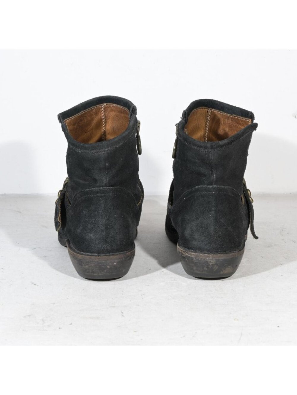 Black Suede Ankle Boots Almond Toe Buckle Strap Inside Zip Moto Made in Italy Wo - Picture 4 of 8
